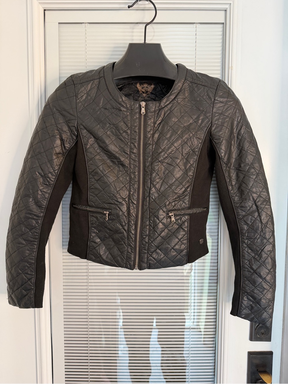 Y2K POINT ZERO by Nicole Benisti S Moto Jacket Quilted Vegan Leather Knit Panels